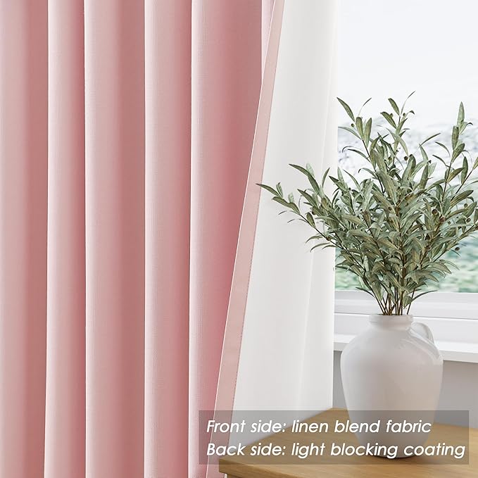 Pink Linen Curtains 90 inch Length 2 Panels Set for Bedroom Thermal Insulated 100% Blackout Linen Drapes Back Tab Neutral Rustic Modern Farmhouse Room Darkening Curtain 52x90