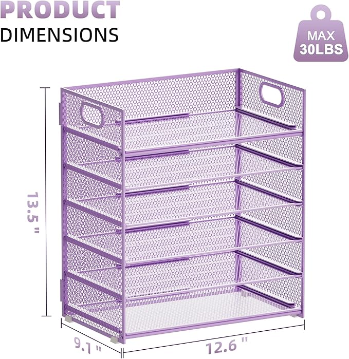 Marbrasse 6 Tier Paper Organizer Letter Tray - Mesh Desk File Organizer with Handle, Paper Sorter for Letter/A4 Office File Folder Holder - Purple