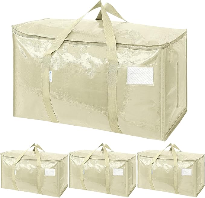 TICONN 4 Pack Extra Large Moving Bags with Zippers & Carrying Handles, Heavy-Duty Storage Tote Moving Boxes for Space Saving (4 Pack, Cream)