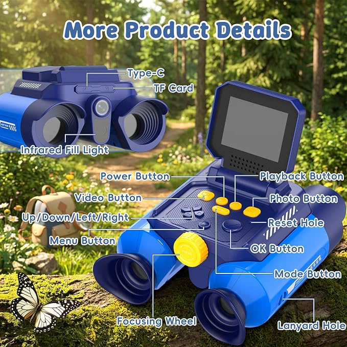 Kids Binoculars with Night Vision Camera, 10X Zoom Digital Adventures Telescope with 2.4" IPS Screen, Nature Explorer STEM Toys for Bird Watching Camping, Gifts for Boys Girls Age 4-12 - Blue