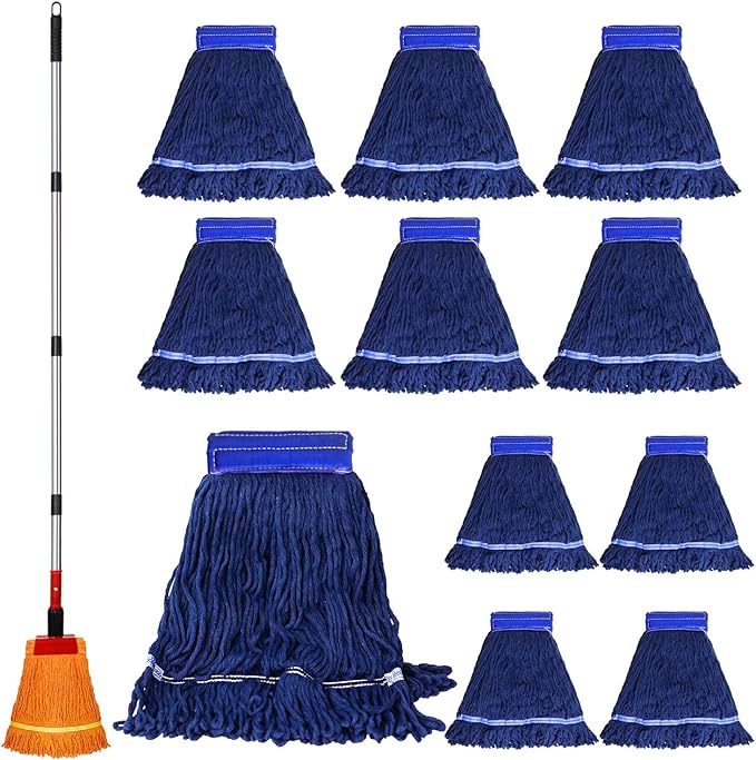 Heavy Duty Commercial Mop with 77inch Long Handle, Looped-End String Wet Mop with 12 Mop Heads for Home, Garage, Office Floor Cleaning (Orange-Blue)
