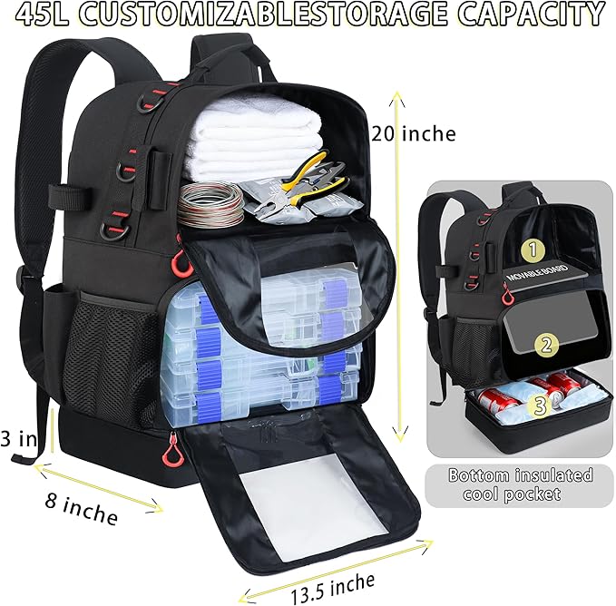 Fishing Backpack with Tackle Boxes,45L Large Tackle Bag with Cooler & Fishing Gear Kit,Waterproof Tackle Backpack for Gift with Fishing Lures, Fishing Pliers,Black