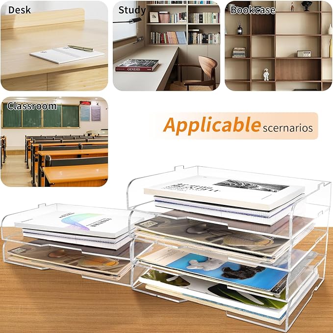 4 Pack- Stackable Paper Letter Tray,Clear Acrylic Magazine Holder and File Organizer - Sleek Desk Organizer for Home Office, Bookshelf, or Workspace - Space-Saving Transparent Document Holder
