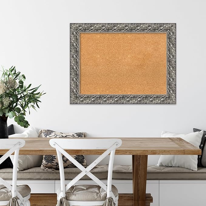 Amanti Art Natural Cork Board for Wall, 26x34 Vision Board with Silver Wood Frame, Medium Corkboard Office Decor for Home Organization, Traditional Corkboard Pinboard to display items for home