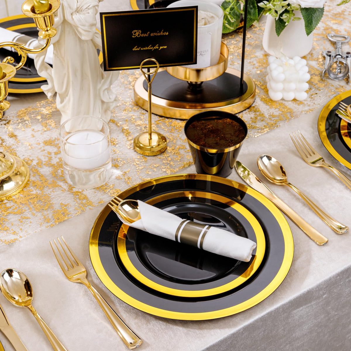 YOUBET 350PCS Black and Gold Plastic Plates - Gold Disposable Dinnerware Sets for 50 Guests - 100 Plastic Plates, 150 Gold Silverware, 50 Cups, 50 Pre Rolled Napkins for Party & Wedding Graduation