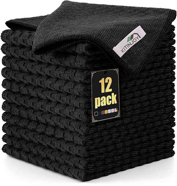 Kitinjoy Microfiber Cleaning Cloth, 12 Pack Soft and No Lint Microfiber Towels Cleaning Supplies, Absorbent Fast Drying Cleaning Rags for Housekeeping, Kitchen, Window, 12 x12 Inches, Black