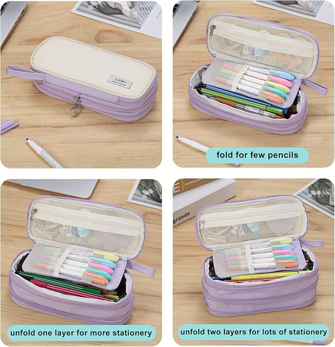 Large Pencil Case Zipper Pencil Pouch Organizer Big Capacity Pencil Bag with Handle Portable for Girls Kids Adults Gift Pen Case for School Home Office Purple