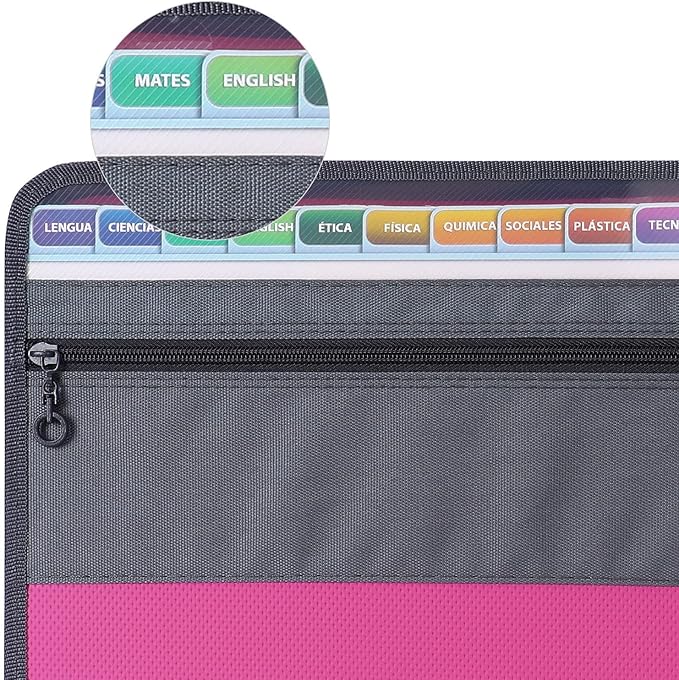 MEGREZ Expanding File Folder with 13 Pockets, A4 Paper File Folder with Zipper Color Labels, Waterproof Accordion File Folder Organizer for Home Office, Pink
