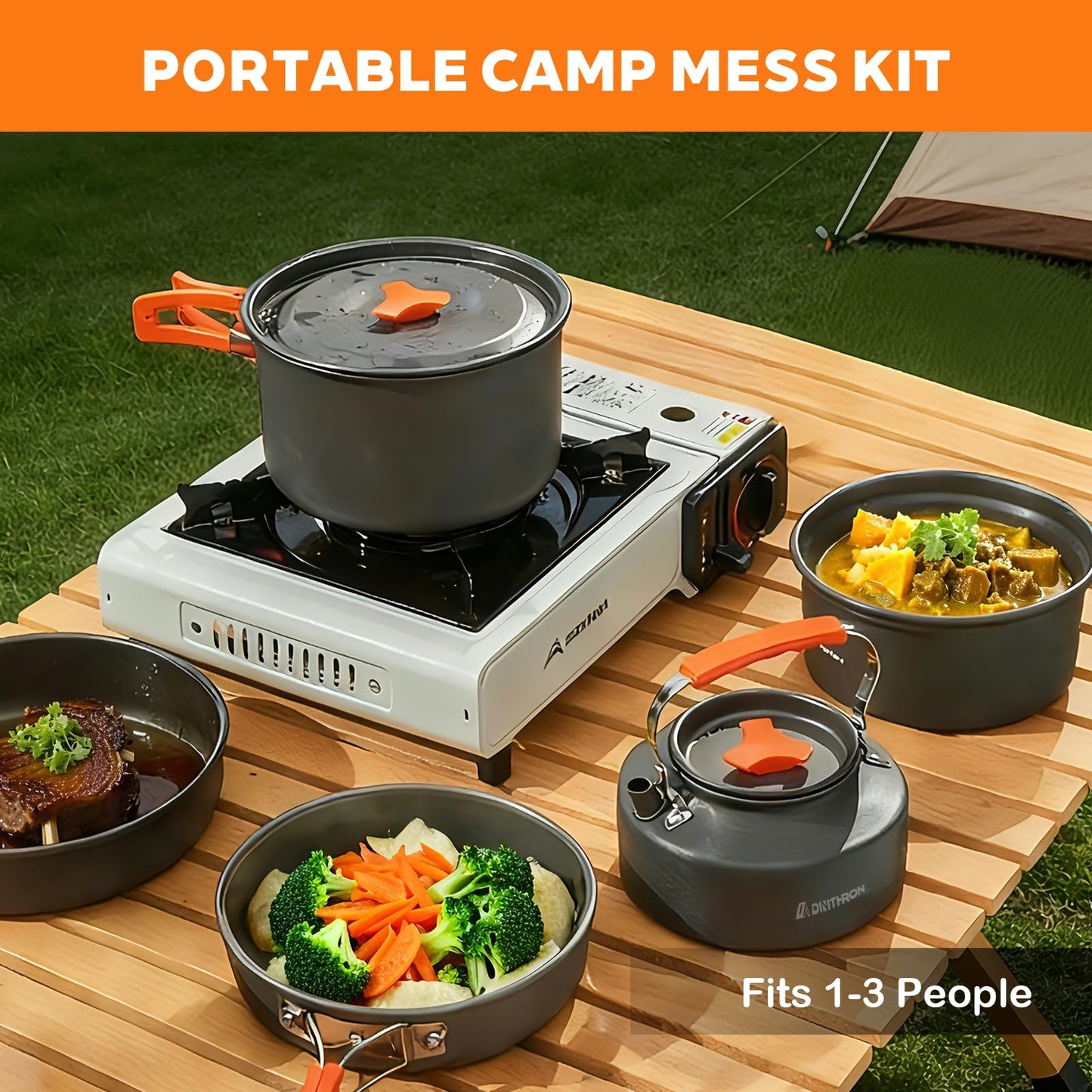 DINITHRON Camping Cookware Set Silicone Handle 10-Piece Lightweight Backpacking Pots and Pans Set, Compact Nesting Camping Cooking Set with Folding Handle for Hiking Family Camping & Outdoor Picnic