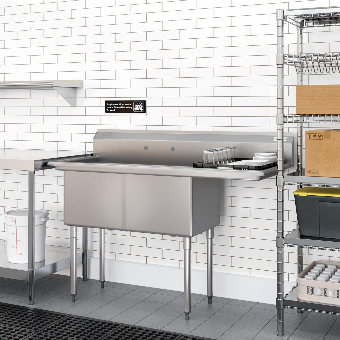 KoolMore 57 in. 18-Gauge 2-Compartment Commercial Sink with Backsplash and 18 in. Right Drainboard, Bowl Dimensions 18"x18"x14" in Stainless-Steel (KM-SB181814-18R3)
