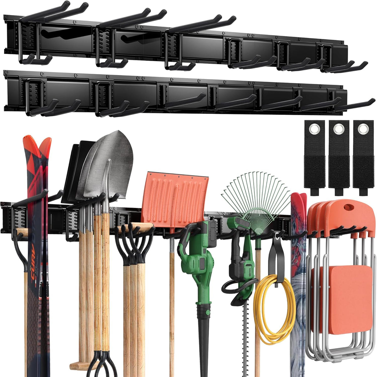 LBT 99" Garage Tool Organizer Wall Mount - 1000lbs Garden Tool Organizer with Adjustable Hooks, Heavy Duty Metal Garage Storage Rack, Anti-Rust Shed Rack Holder Hanging Rake Broom Mower Snowboard