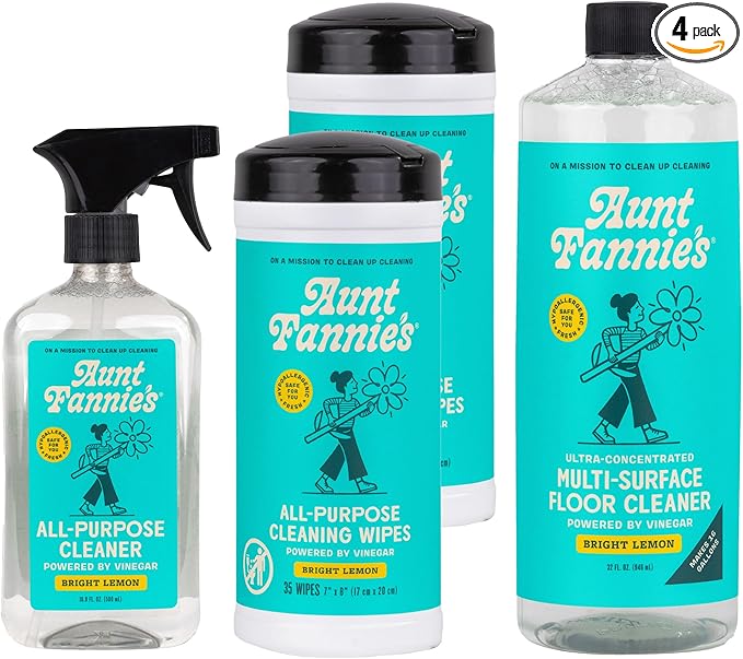 Aunt Fannie's Multi-Surface Vinegar Cleaning Kit: All Purpose Spray, Cleaning Wipes, and Floor Cleaner (Lemon, Cleaning Bundle)