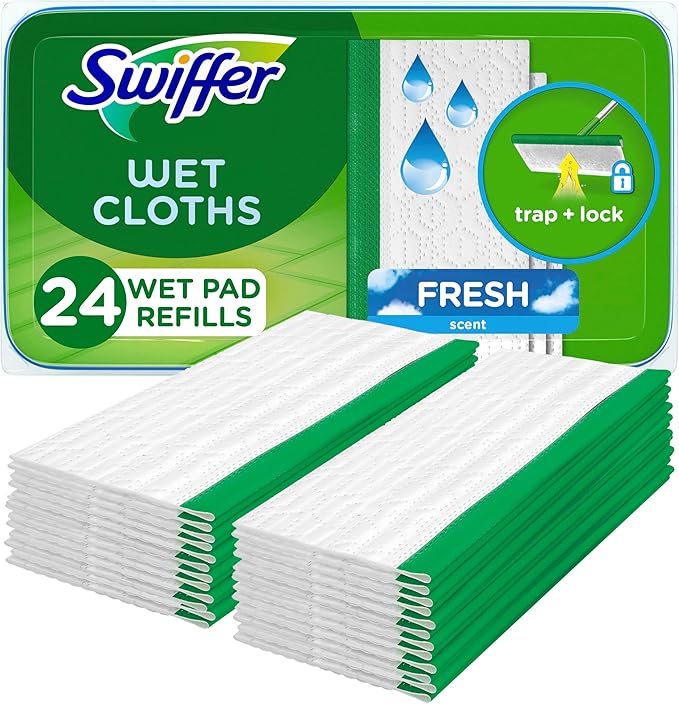 Swiffer Sweep + Mop, Wet Pads Refill, Floor Cleaner for Dirt, Dust, Hair, Cleaning Cloths for Mopping Home, Bathroom, Kitchen, All Purpose Multi-Surface Floor Wipes, Fresh, 24ct