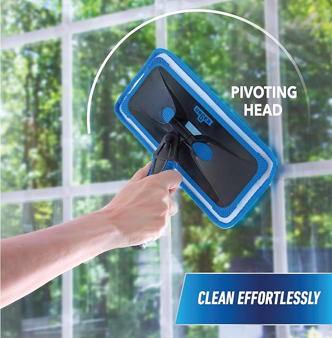 UNGER ProClean Connect and Clean Indoor Window Cleaning Kit, Washing Tool with Swivel Head for Tight Corners and Edges, Streak-Free Results on Glass and Mirrors, Reusable Microfiber Pads