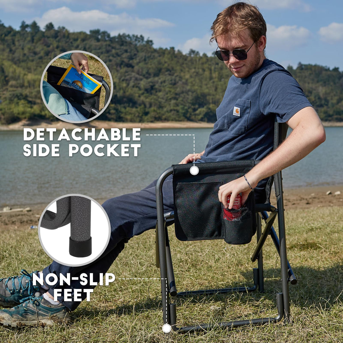TIMBER RIDGE Aluminum Oversized Camping Chair, Lightweight Portable Directors Chair with Side Table Detachable Side Pocket for Outdoor Camping, Lawn, Picnic, Support 400lbs Black 2 Pack