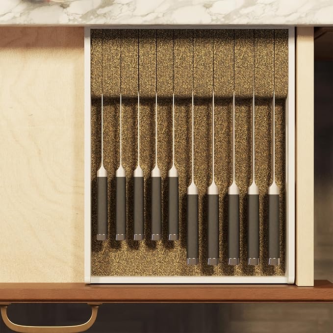SpaceAid Large Knife Drawer Organizer Bamboo Insert Dock, Kitchen Steak Knives Holder Organizers Block for Drawer in Storage Organization (Large, White)