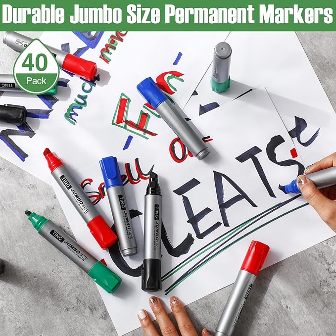Cholemy 40 Pcs Jumbo Permanent Markers Bulk Large Chisel Tip Permanent Markers Quick Drying Pens for Office Teacher Supplies(Multicolor)