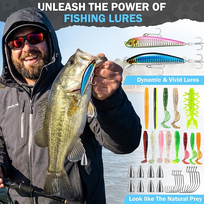 PLUSINNO Fishing Gear, Fishing Backpack with Fishing Rod, Tackle Box, Waterproof Tackle Backpack with Rod Holders,Lures, Tools, Pliers & Accessories, Fish Gifts for Men