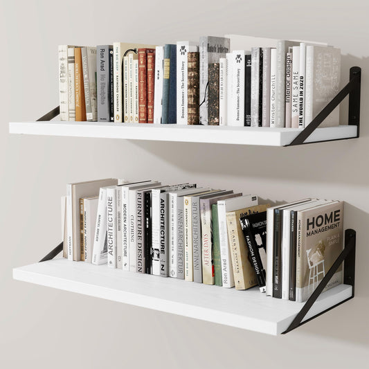 Deep Wall Shelves 30"W x 12"D Engineered Wood Floating Shelves for Wall, Sturdy Metal Bracket Bookshelves Home Decor Storage for Living Room Bedroom Bathroom Kitchen, Set of 2, White Finish