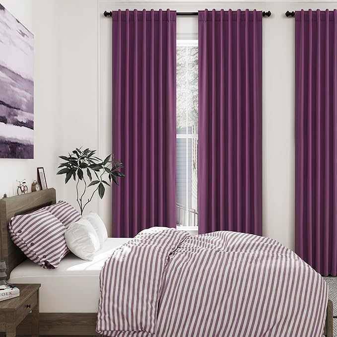 Blackout Purple Linen Curtains 96 Inches Long Back Tab Heat Reflective Full Light Block Out Curtains 2 Panels for Bedroom Windows Textured Draperies with Liner Floor to Ceiling Length 8 Ft 52x96