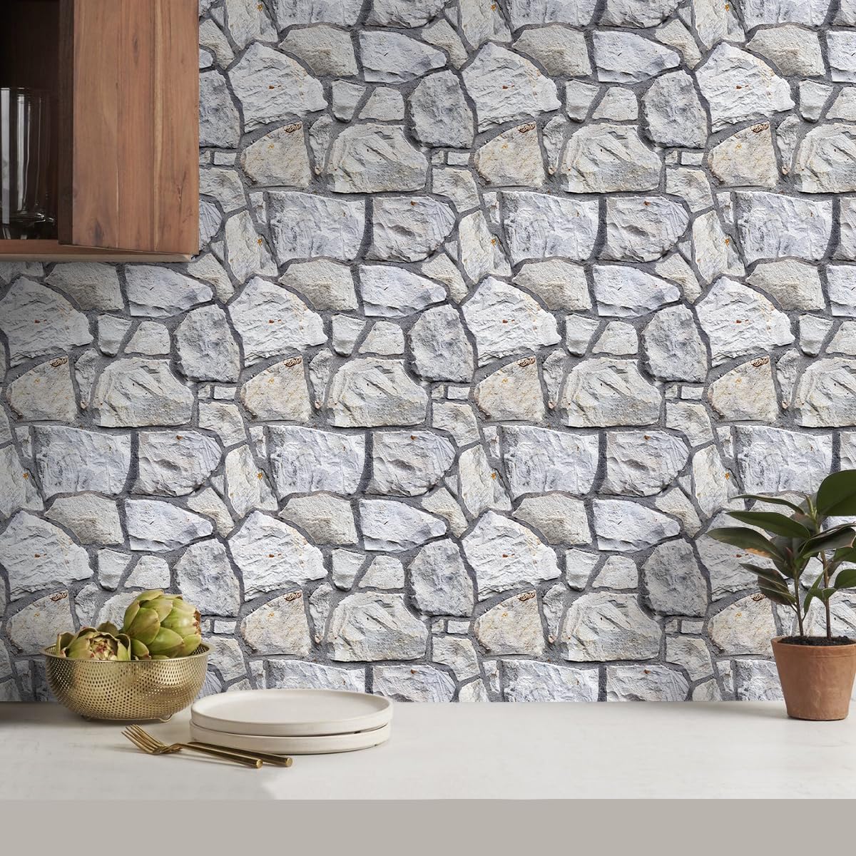 SMOOSTIKC 3D Faux Stone Wall Panels Peel and Stick, 10 Pcs 11.8" x 11.8", Stone-Look Textured Wall Sticker, Ultra-Light Thin PVC Fake Stone Wall Covering Tiles for Quick DIY, Whitewash Grey