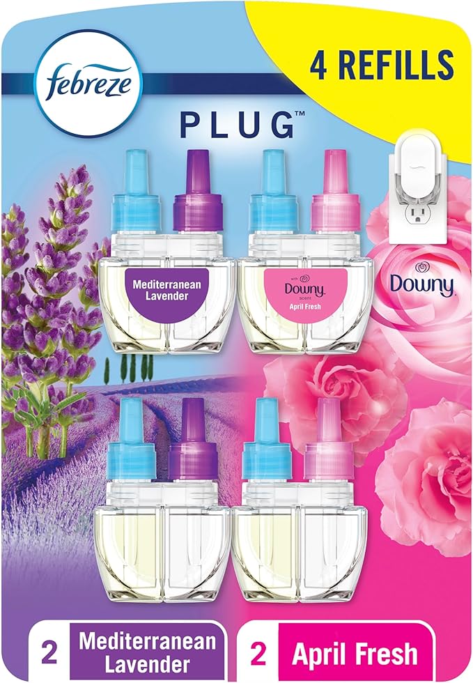 Febreze Odor-Fighting Fade Defy PLUG Air Freshener,Downy April Fresh, Mediterranean Lavender, .87 fl. oz. Oil Refills, 4 Refills (2 of Each)
