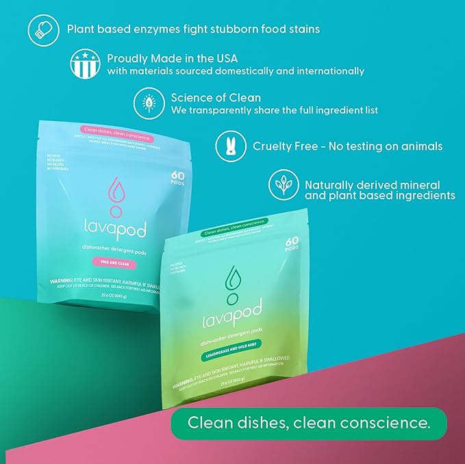 Natural Dishwasher Pods | Plant Based Enzymes Dishwasher Detergent, Free & Clear (Unscented), Eco-Friendly, Tough on Grease & Food Residue | 2 Pack of 60, 120 Pods