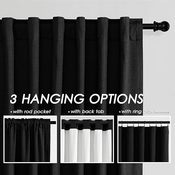 Nanspring Black 100% Blackout Curtains 63 inches Long Back Tab Rod Pocket Thermal Insulated Textured Short Blackout Curtains 2 Panels Set 52x63