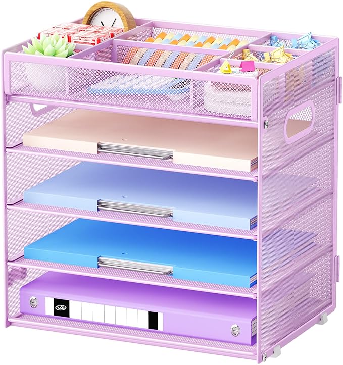 Marbrasse 5-Tier Letter Tray Paper Organizer with Handle, Multi-Functional Mesh File Organizer for Desk, Adjustable Compartments Mesh Desktop Storage for Office Supplies, Purple