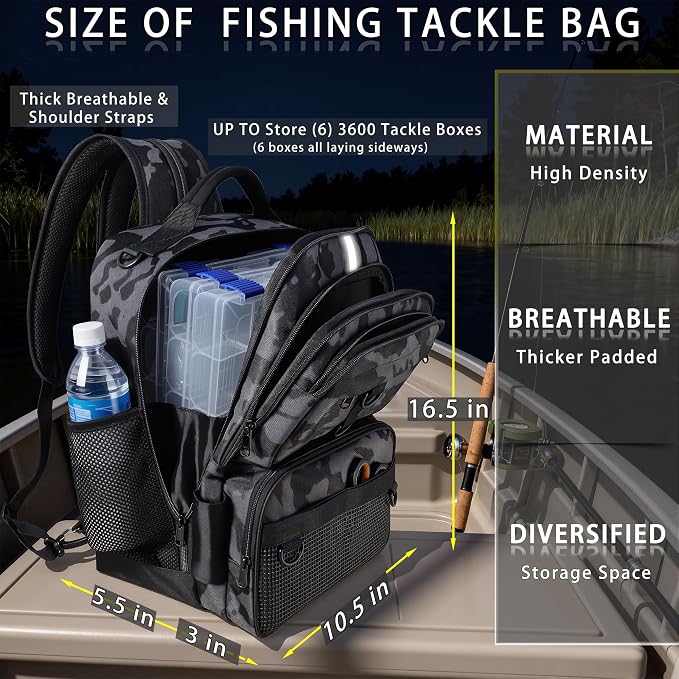Fishing Backpack with Tackle Boxes and Rod Holder, 24L Fishing Sling Bag with Fishing Lures Kit, Fishing Gear Bag Gifts for Men Women - Black Backpack