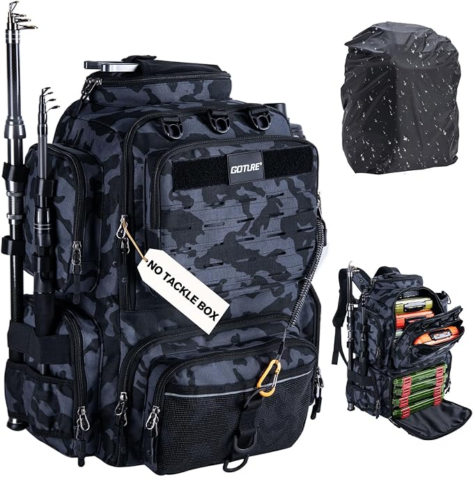 Goture Fishing Backpack,900D Water-Resistant Tackle Backpack with Rod Holders,45L Large Fishing Bag Storage Gear Tackle Bag with Rain Cover,Bottle Holder for Travel Camping Hiking(Without Tackle Box)