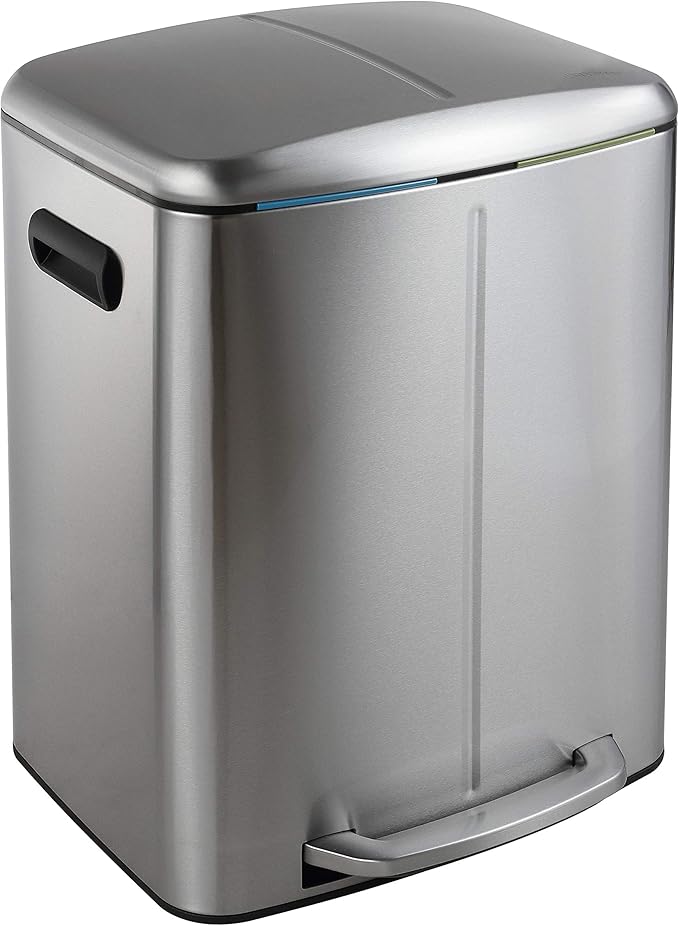 happimess HPM1005A Marco Rectangular 10.5-Gallon Double Bucket Trash Can with Soft-Close Lid, Modern, Minimalistic, Fingerprint Proof for Home, Kitchen, Laundry Room, Office, Stainless Steel