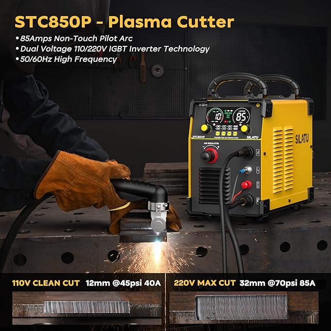 SILATU 85Amps Plasma Cutter, Large LED Display, Non-Touch Pilot Arc, Air Sensor Technology, 110/220V Dual Voltage IGBT Inverter Plasma Cutter Machine, 1'' Clean Cutting Thickness for Beginners DIY