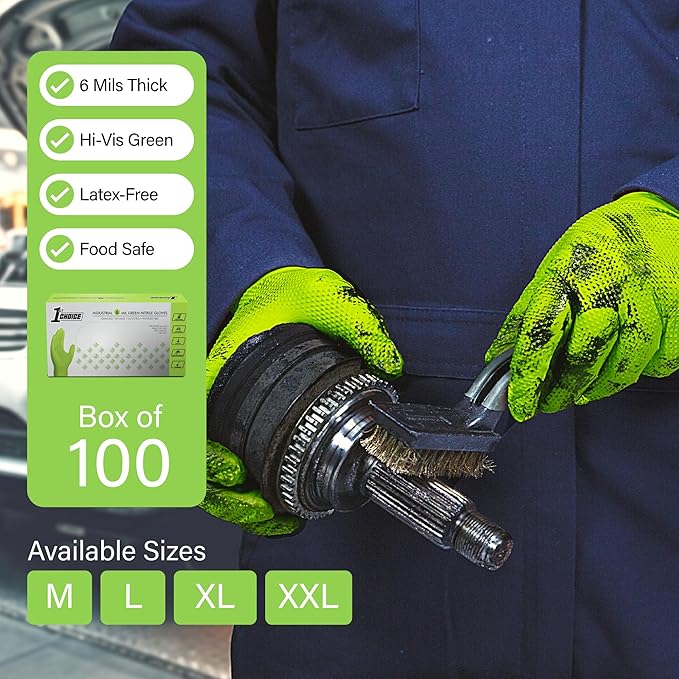 1st Choice 6 mil Orange and Green Nitrile Gloves, Disposable, Latex Free Raised Diamond Grip Mechanic Glove for Men and Women