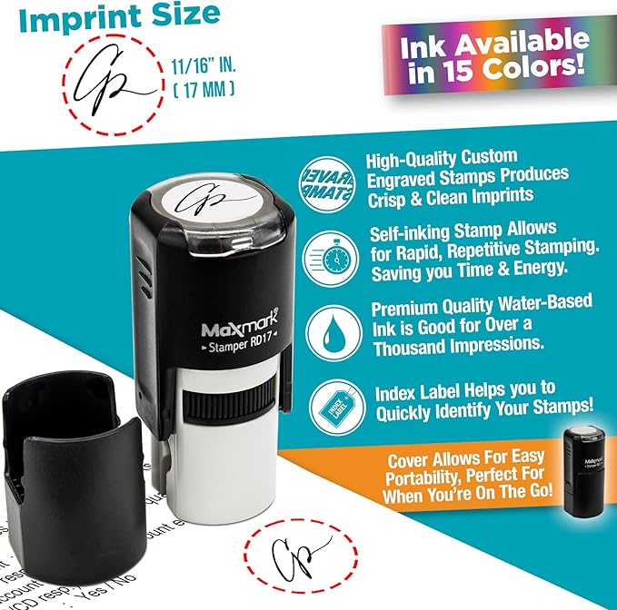 MaxMark Custom Round Self Inking Small Signature Stamp - 15 Colors to Choose