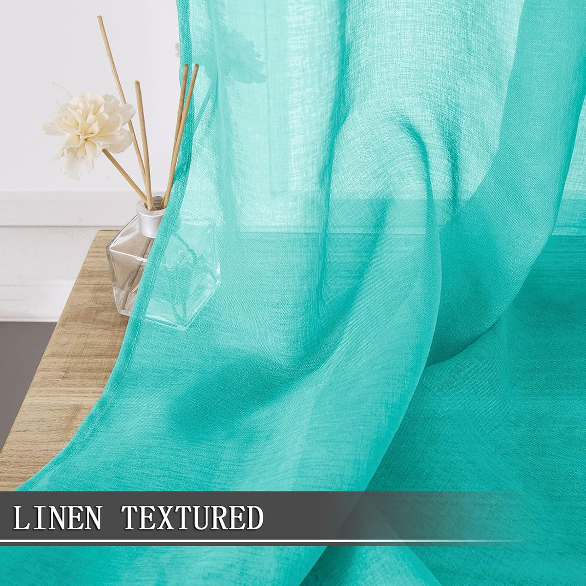 Tollpiz Short Sheer Curtain Linen Textured Living Room Curtains Sheer Light Filtering Rod Pocket Voile Curtain for Bedroom, 42 x 54 inches Long, Aqua Blue, Set of 2 Panels