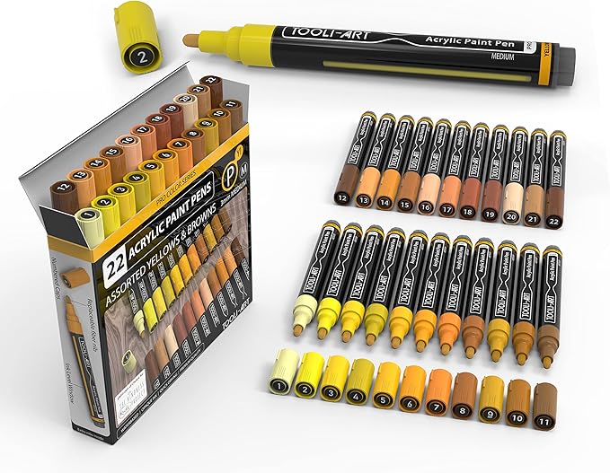 TOOLI-ART 22 Acrylic Paint Markers Paint Pens Pro Color Series Set 3mm Medium Tip for Rock Painting, Glass, Mugs, Wood, Metal, Glass Paint, Canvas, DIY. Non Toxic, Waterbased, Quick Drying (YELLOWS)