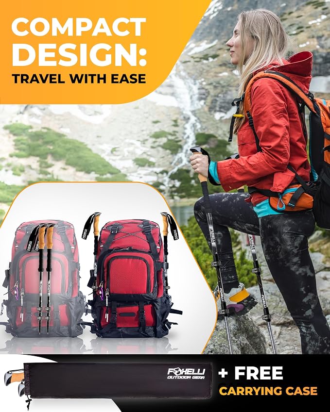 Foxelli Trekking Poles – Lightweight Collapsible Aircraft Grade Aluminum Hiking Poles with Cork Grips Quick Locks & All-Terrain Accessories – Pair of 2