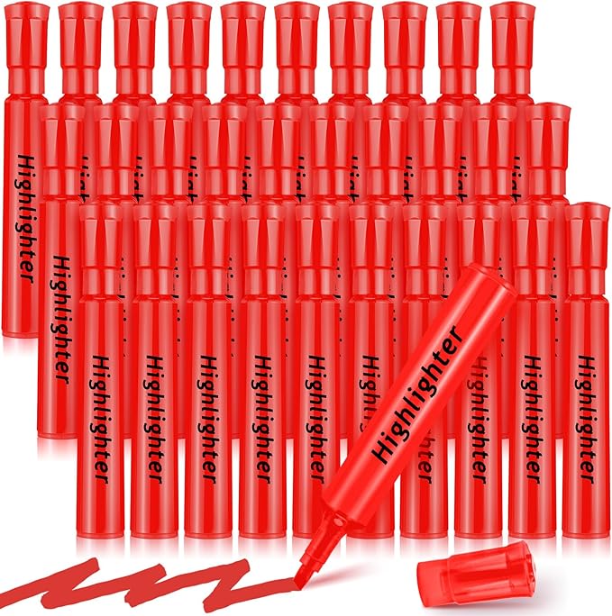 Qilery 30 Pack Highlighters Bulk, Tank Style Chisel Tip Highlighters Markers Quick Drying for Kids and Adult Coloring, Classroom Home Office School Supplies (Red)