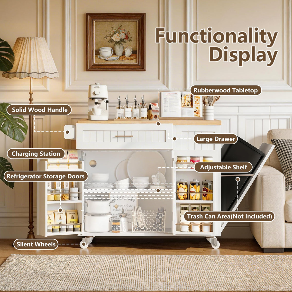 TEROL Kitchen Island with Outlet, Rolling Kitchen Cart Storage on Wheels with Drop Leaf, Trash Can Area, Spice Rack, Towel Bar, Adjustable Shelf, Drawer, Mobile Island Table for Kitchen