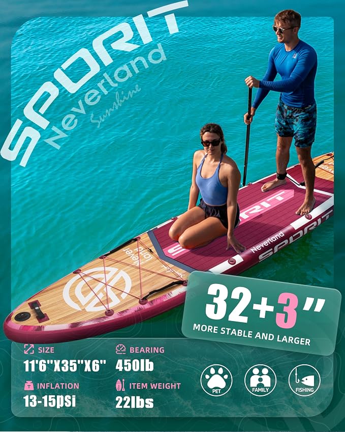 11'6×35" Super Wide Inflatable Stand Up Paddle Board, Ultra Stable SUP Board for Adults, 450lb Capacity with Shoulder Strap, 100L Backpack, Removable US Fin, Floating Paddle, Safety Leash