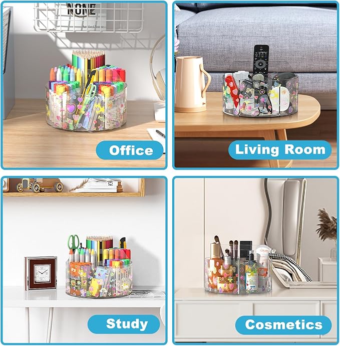 Acrylic Pen Holder with 2 Adhesive DIY Stickers, Desk Organizer Marker Holder with Cute Sticker, 360 Degree Office Supply Organizer Clear Pencil Holder Kid Art Supply Storage Organizer 6 Compartments