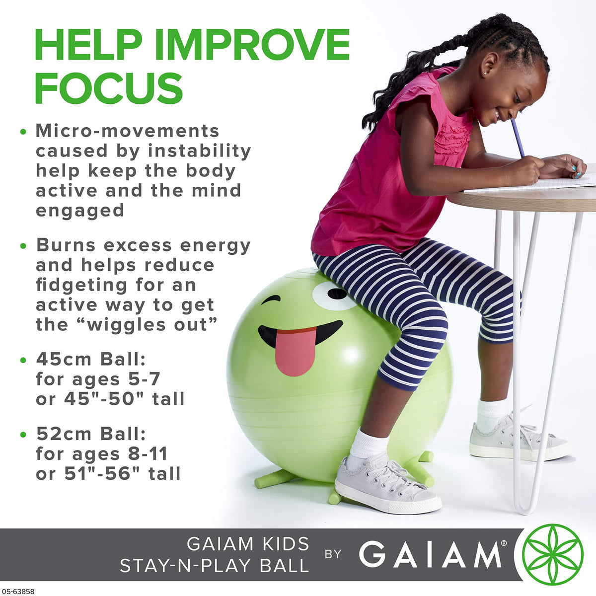 Gaiam Kids Stay-N-Play Children's Balance Ball - Flexible School Chair Active Classroom Desk Alternative Seating Built-In Stay-Put Soft Stability Legs, Includes Air Pump