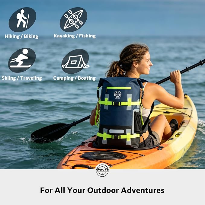 STOVER 40L Waterproof Dry Backpack & Phone Case - X-Large Floating Dry Bag for Kayaking, Travel, Hiking, Fishing, Camping, Motorcycles & Beach, Heavy-Duty Roll Top Men/Women (Navy Blue/Black/Green)