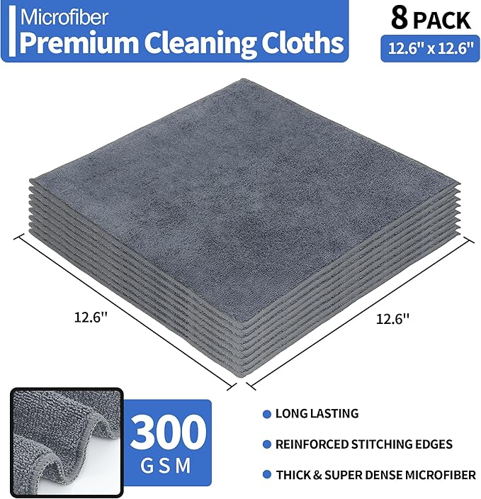 HOMERHYME Microfiber Cleaning Cloth, Premium 8 Pack Cleaning Towels, Lint-Free Streak-Free Ultra Absorbent, 300GSM Reusable Microfiber Towel for Cars Shop Garage Home Kitchen, 12.6" x 12.6" Grey
