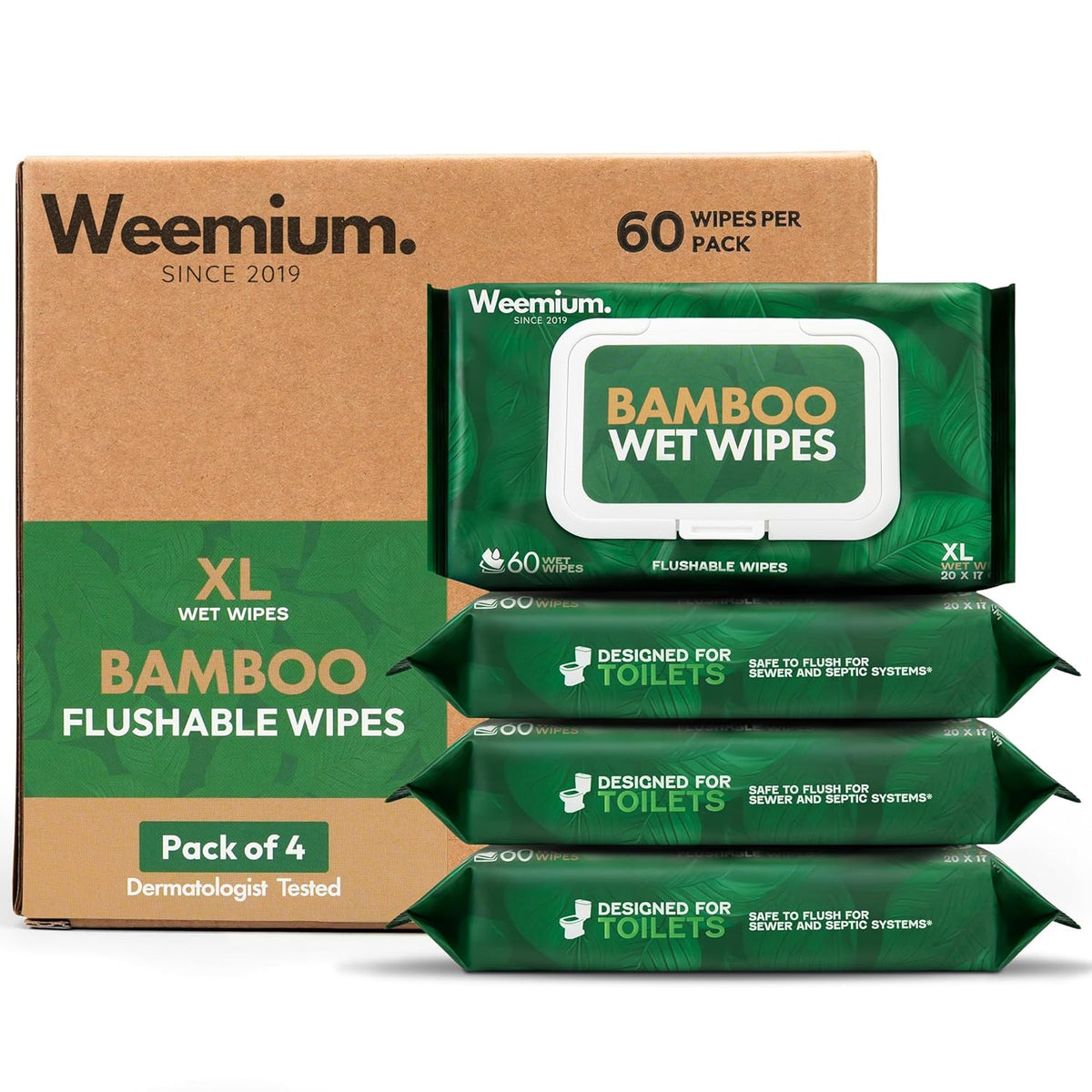 Weemium Bamboo Wipes â Pack of 4 (240 XL Flushable Wipes) â Organic, Tree-Free, FSC Certified & Septic Safe â 99% Water, Unscented & Sensitive Skin Safe â Biodegradable, Compostable & Eco Friendly