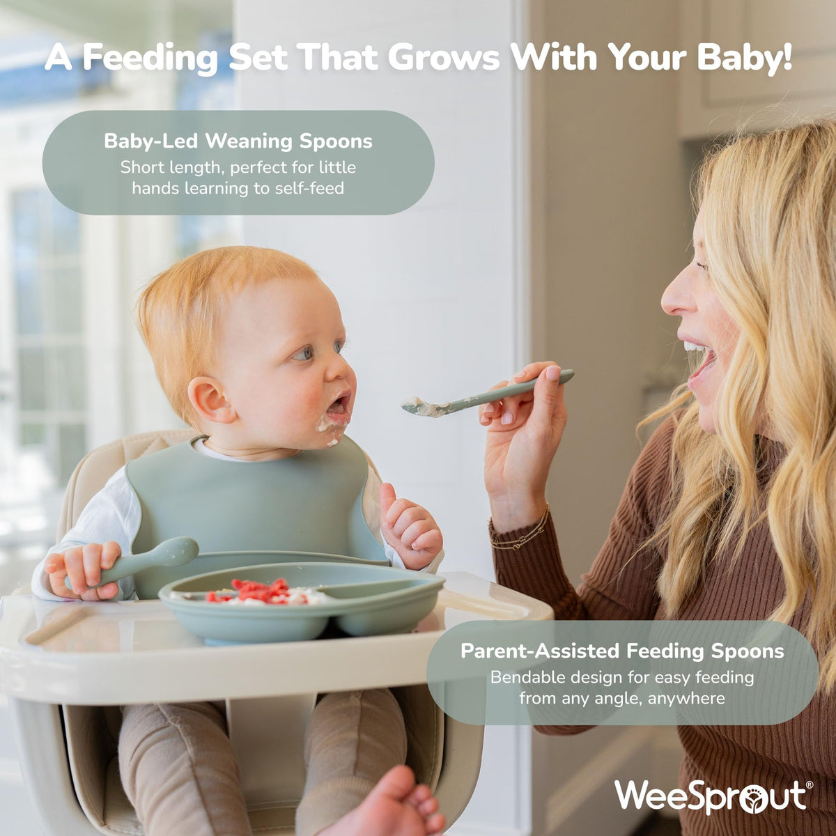 WeeSprout Baby Led Weaning Bundle, Silicone Suction Bowl, Spoons, Bib & Cup, Develops Self Feeding Skills, Dishwasher Safe (Mint)