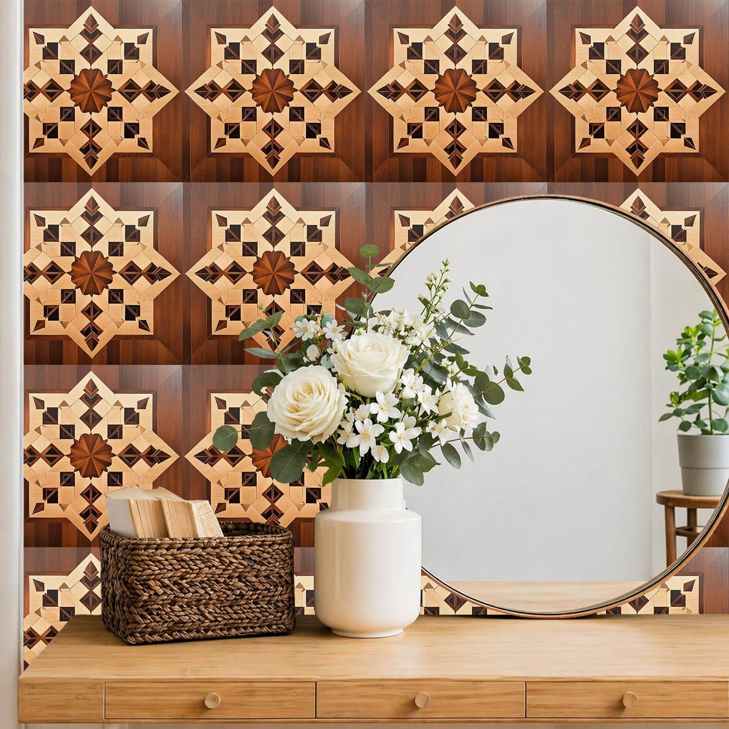 IVN 10 Piece Peel and Stick Floor Tile 12 X 12 Inch PVC Vinyl Flooring Removable No Sticky Residue Decal for Bathroom Kitchen Fireplace Stairs Brown Wood Geometric Pattern