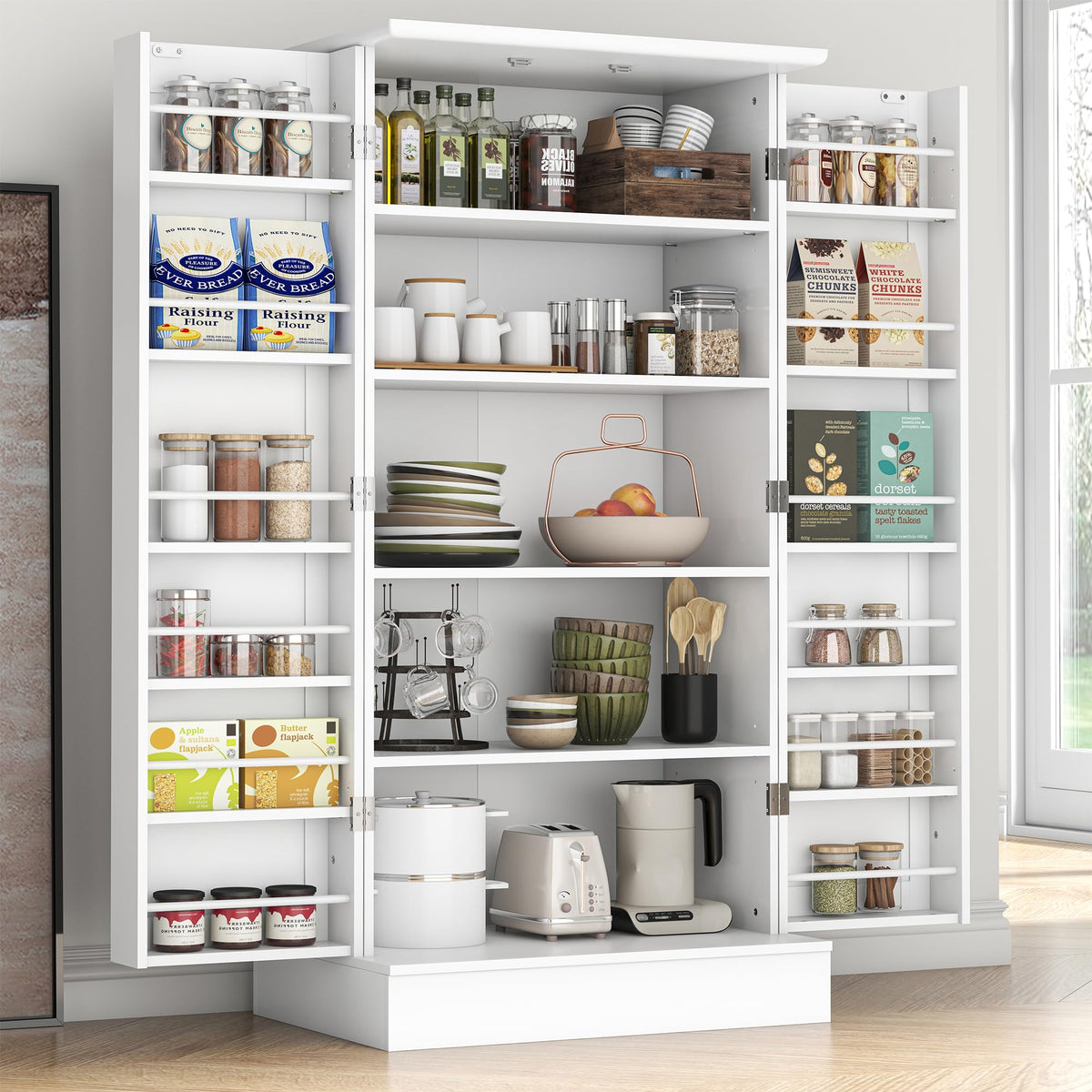 kepptory 47” Pantry Cabinet, Kitchen Pantry Storage Cabinet with Doors and Adjustable Shelves,Freestanding Buffet Cupboards Sideboard for Living Room and Dinning Room (White)