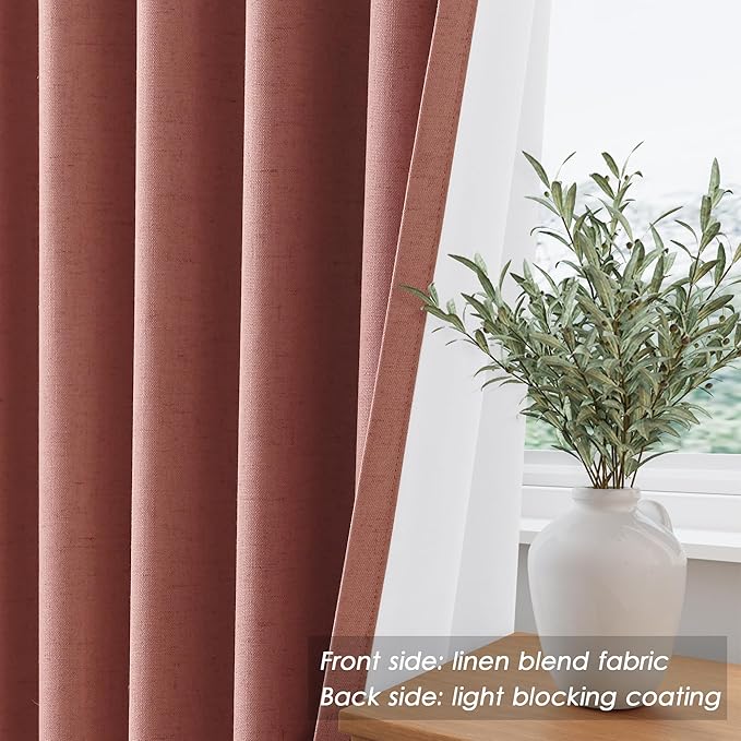 Canyon Rose Linen Blackout Curtains 120 Inch Length 2 Panels Set Extra Long Thermal Insulated Total Blocking Curtains 10 FT Back Tab Pocket Drapes for Dining Room Cottage High Window Curtain 52x120